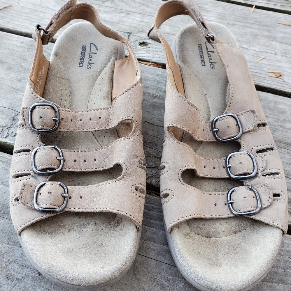 Clark's brown leather buckle sandals